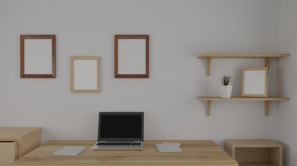 istock 3d render interior room. minimal style design. working desk. home interior design. template for website, wallpaper, and mockup. 1325406802