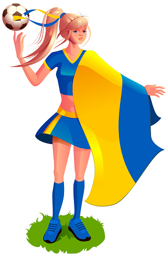 Ukrainian woman fan soccer player in sports uniform hold national flag and soccer ball. Vector fun cartoon illustration isolated on white