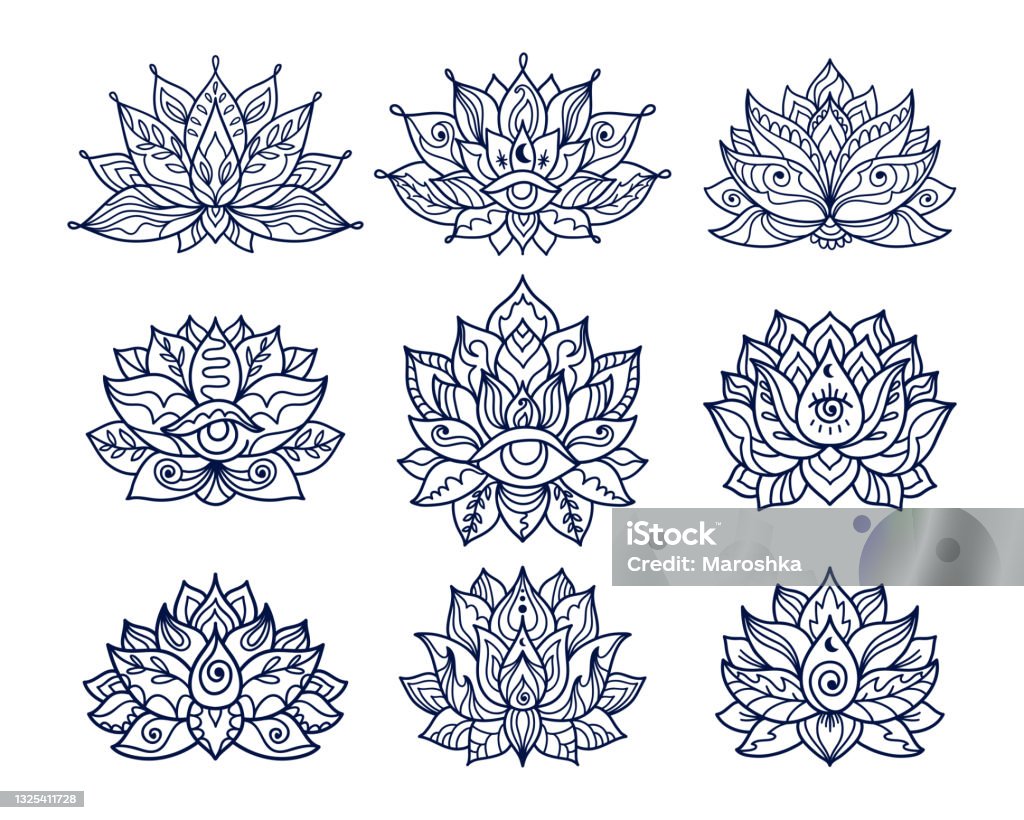 Set Of Hand Drawn Lotus Flower Tattoo Designs With Third Eye Stock  Illustration - Download Image Now - iStock