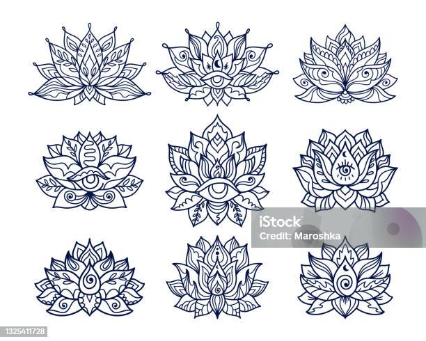 Set Of Hand Drawn Lotus Flower Tattoo Designs With Third Eye Stock  Illustration - Download Image Now - iStock