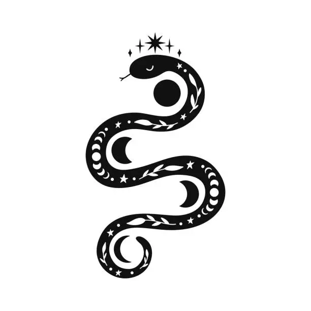 Vector illustration of Mystical snake with moon phases and floral elements.