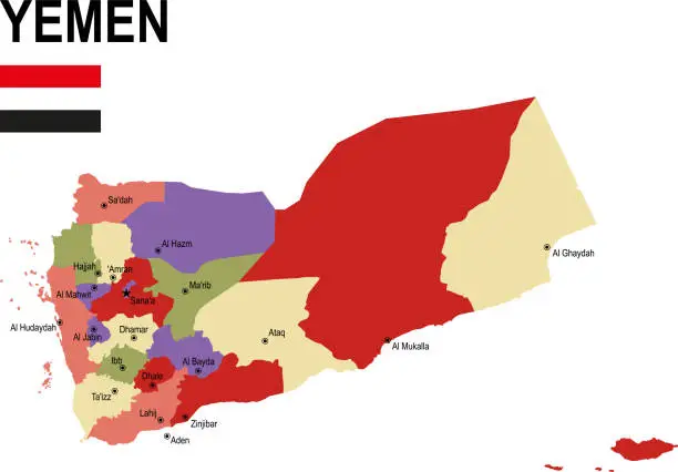 Vector illustration of Yemen colorful flat map with flag