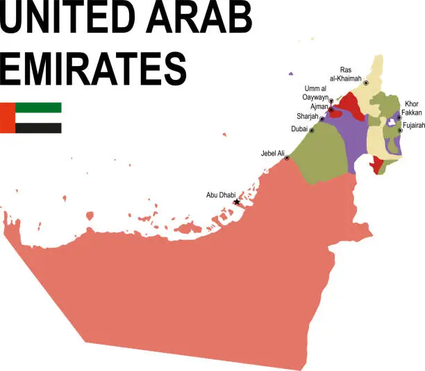 Vector illustration of United Arab Emirates colorful flat map with flag