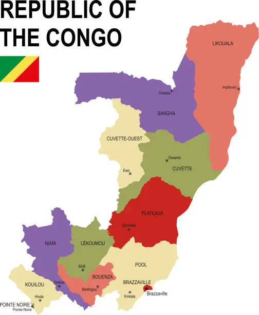 Vector illustration of Republic of the Congo colorful flat map with flag