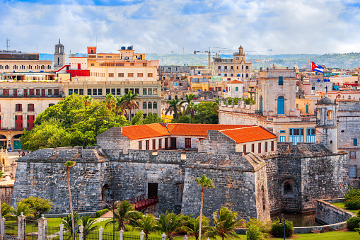 Havana, Cuba old town skyline and fort in the daytime.