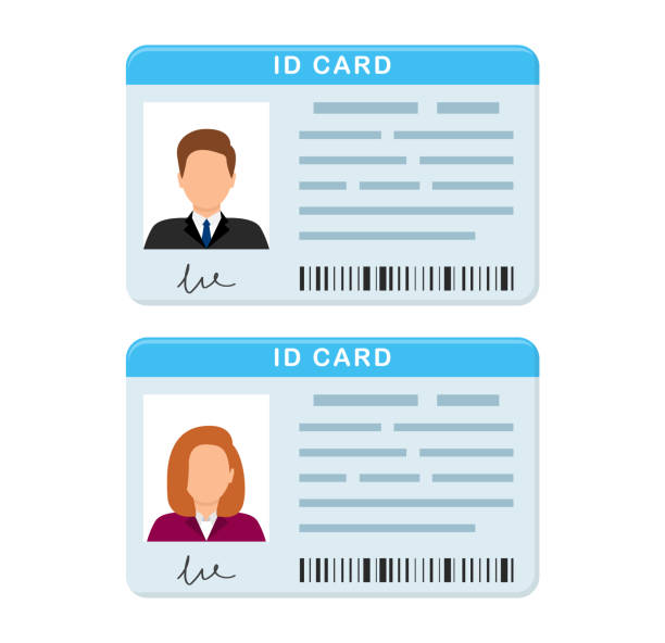 ilustrações de stock, clip art, desenhos animados e ícones de plastic id cards. personal identity card for male and female. identification verification. driver license. person data with photo and signature. vector illustration in flat style. - id card