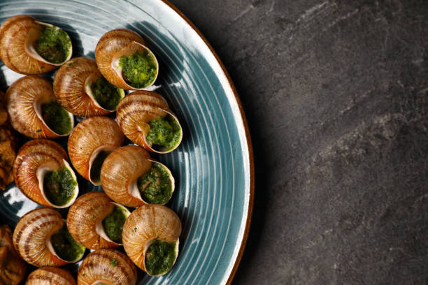 istock Delicious cooked snails served on grey table, top view. Space for text 1325414339