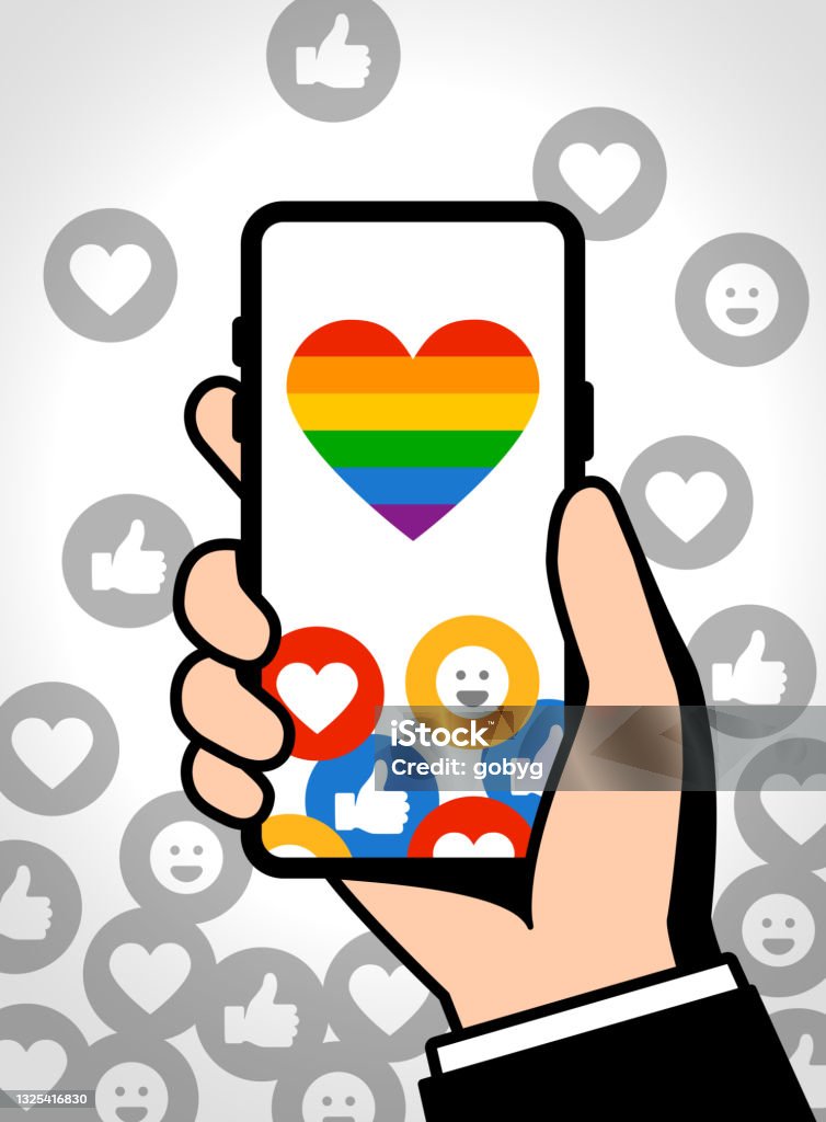 Diversity on social media Man's hand holding smartphone, he is using a mobile phone rainbow heart is on the screen, with heart like and smiley icons. He is getting likes in social network. LGBTQIA Pride Virtual Event. Mobile Phone stock vector