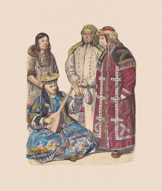 19th century, Asian costumes, hand-colored wood engraving, published ca. 1880 19th century, Asian costumes: Chukchi woman (left, behind). Buryat woman (left, in front). Ostyaks from Obdorsk (Salekhard, right). Hand colored wood engraving, published ca. 1880. chukchi stock illustrations