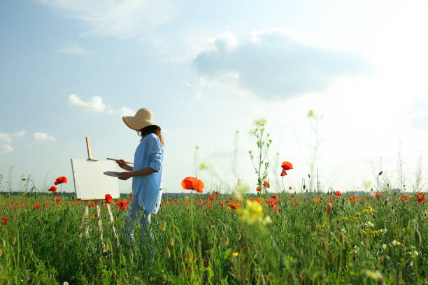 donna che dipinge su cavalletto in un bellissimo campo di papaveri - artists canvas foto e immagini stock