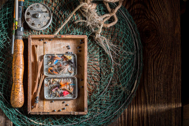 Handmade fishing tackle with floats and hooks. Fishing equipment. Old wooden workshop fisherman.