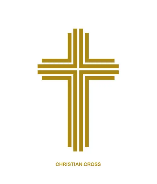 Vector illustration of Christian cross modern linear style vector symbol isolated on white, faith and belief contemporary crucifix sign of Jesus Christ stripy graphic design.