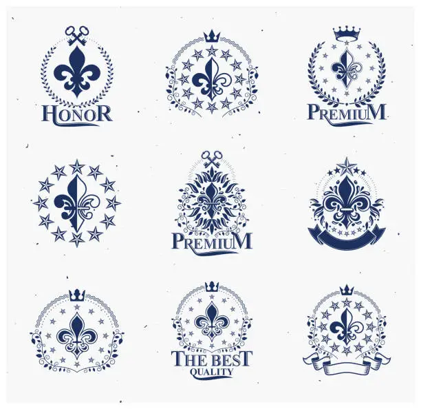Vector illustration of Royal symbols Lily Flowers emblems set. Heraldic vector design elements collection. Retro style label, heraldry logo.