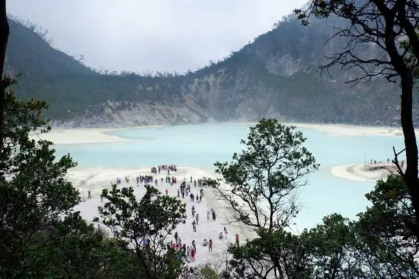 White crater in Ciwidey West Java, Indonesia, with trees around the crater