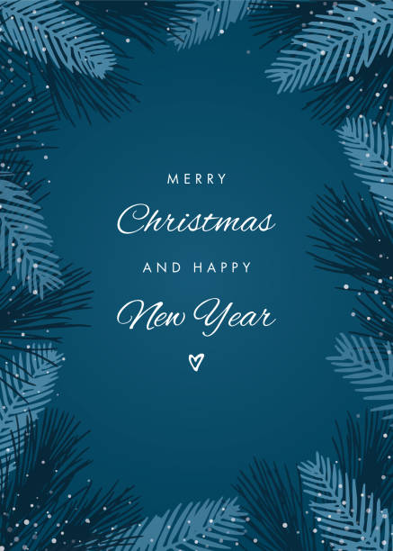 weihnachts-weihnachtskarte mit immergrünen silhouetten. - christmas snow frame backgrounds stock-grafiken, -clipart, -cartoons und -symbole