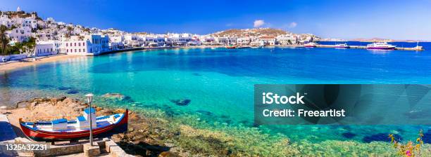 Mykonos Island Greece Summer Holidays Panorama Of Old Port In Downtown With Turquoise Sea And Beach Cyclades Stock Photo - Download Image Now