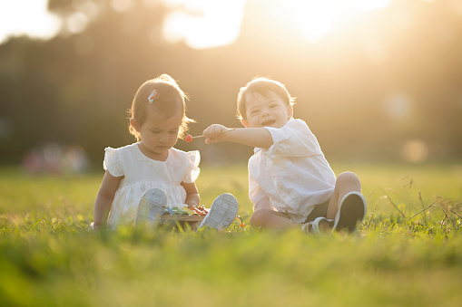 Little boy with down syndrome and his sister are standing on the grass at sunset. They are spending funny time. They are playing with toys.