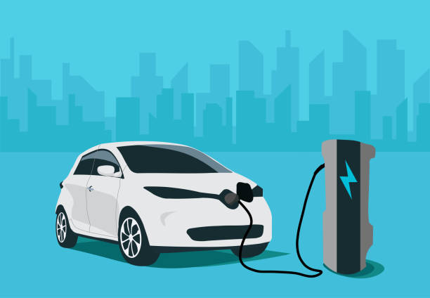 Vector illustration of vehicle charging at electric charging station in city. Vector illustration of white vehicle refilling power. Eco friendly anti oil car illustration. A white electric car. It does not use gasoline or petrol. A rechargeable vehicle. It is charging in front of the electric station to make a full charge. There are blue tones in the background. Skyscrapers and tall buildings indicate the city center. Green Electric Car Charging, eco-friendly vehicle tesla motors stock illustrations