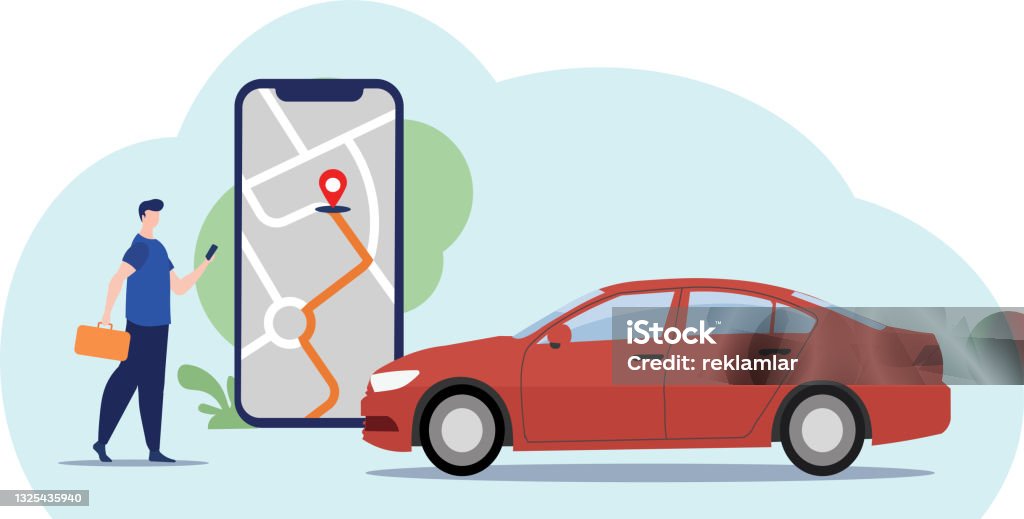 Mobile GPS navigation, travel and tourism concept. Vector of man viewing a map on his mobile phone and looking for GPS coordinates. Man lost on the road to the city searches on the navigation. - Royalty-free Auto vectorkunst