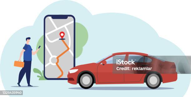 Mobile Gps Navigation Travel And Tourism Concept Vector Of Man Viewing A Map On His Mobile Phone And Looking For Gps Coordinates Man Lost On The Road To The City Searches On The Navigation Stockvectorkunst en meer beelden van Auto