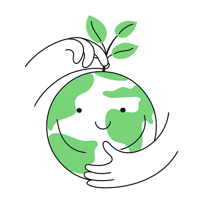A caring hand plants a tree on a green planet. Thun line vector illustration on white.