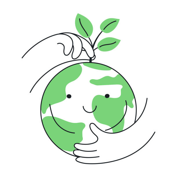 Growing plants, caring about the planet, care for ecology and the environment A caring hand plants a tree on a green planet. Thun line vector illustration on white. ecosystem stock illustrations