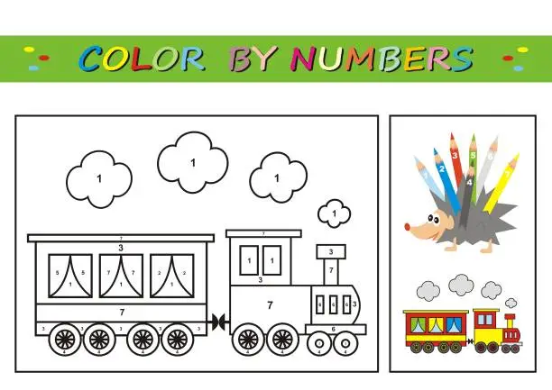 Vector illustration of Train, coloring book, color by numbers, eps.
