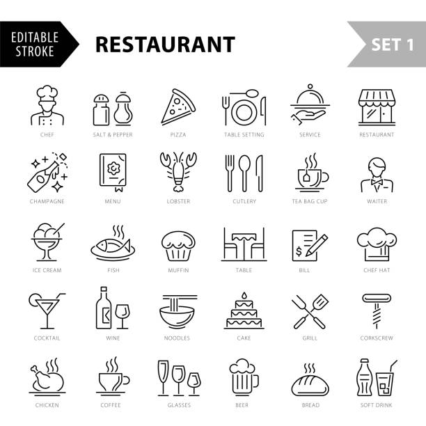 restauracja ikony thin line set - edytowalny obrys - set1 - restaurant icons stock illustrations