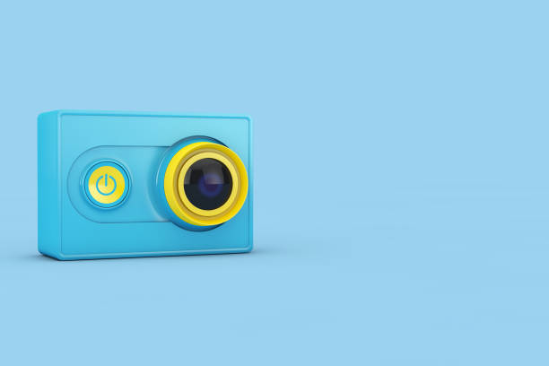 Small Ultra HD Blue and Yellow Action Camera on a blue background. 3d Rendering