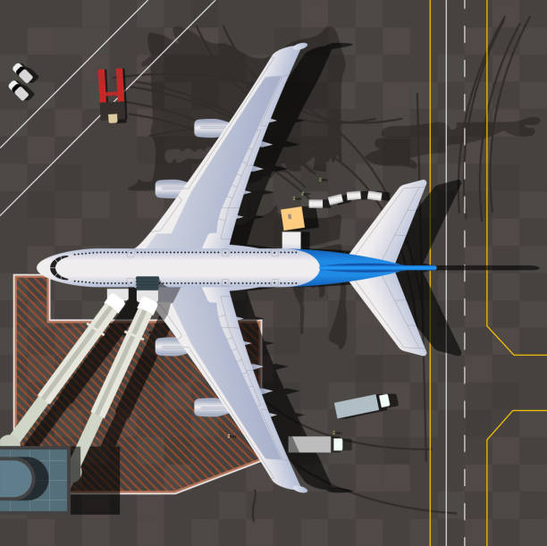 illustrazioni stock, clip art, cartoni animati e icone di tendenza di aereo prima della partenza - passenger boarding bridge