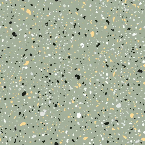 Vector illustration of Terrazzo seamless vector pattern with white, grey, orange and black chunks on green background.
