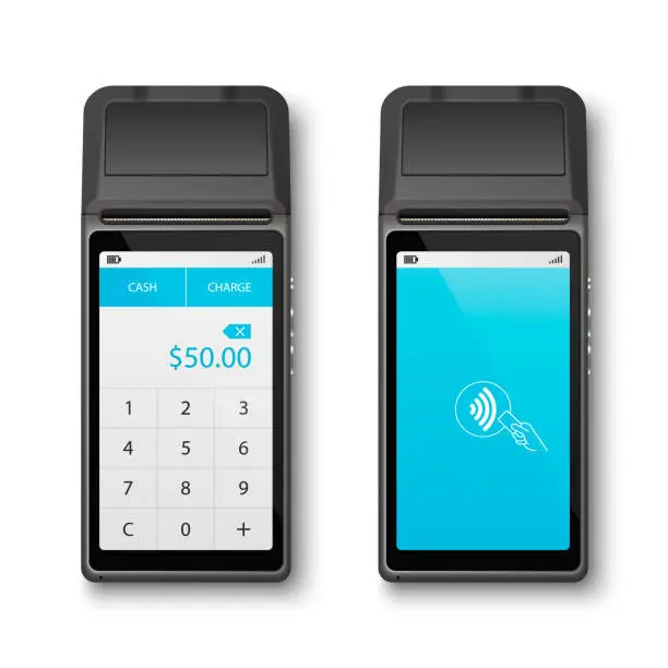 Vector illustration of Vector Realistic Black 3d Payment Wi-Fi Machine. POS Terminal Closeup Isolated on White Background. Design Template of Bank Payment Terminal, Mockup. Payments Device. Top View