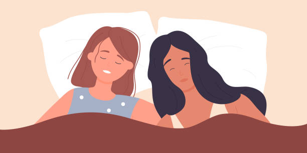 Couple girls sleep in bed at night, asleep young women lying on pillow under blanket Couple girls sleep in bed at night, bedtime vector illustration. Cartoon asleep young woman lying on pillow under blanket, female lovers characters sleeping together, bedroom top view background lesbian affair stock illustrations