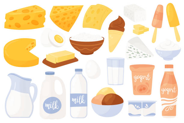 illustrations, cliparts, dessins animés et icônes de ensemble de produits alimentaires de la ferme laitière, bocaux en verre et bouteille de lait, feta et fromage cottage dans un bol - yogurt jar cream milk