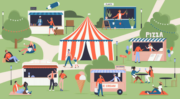 Summer food market festival map, city fair in green park, happy family with kids walking Summer food market festival map, city fair in green park vector illustration. Cartoon happy family with kids, teen friends and couple characters walking, buying food, sitting together background happy family shopping stock illustrations