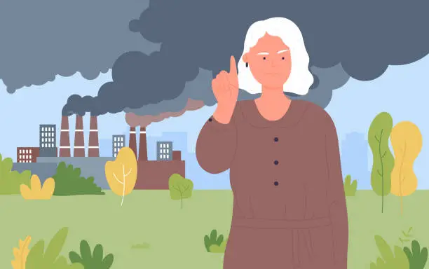 Vector illustration of Stop smog air pollution, protect nature elderly woman focuses on environmental problem