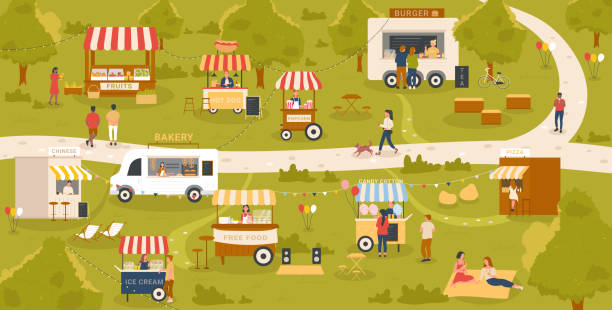 street-food-kiosk-stände auf dem markt, festival-event im stadtpark, einheimische haben spaß - freunde imbiss großstadt stock-grafiken, -clipart, -cartoons und -symbole
