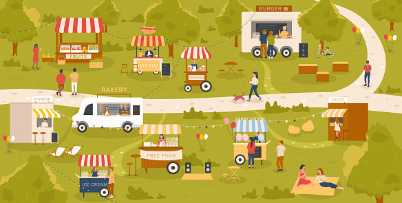 Street food kiosk stalls in market, festival event in city park vector illustration. Cartoon summer map, local farmers selling fruits, people have fun, buying pizza ice cream popcorn fast food