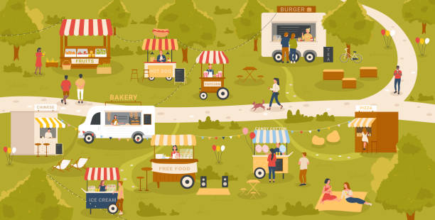 Street food kiosk stalls in market, festival event in city park, local people have fun Street food kiosk stalls in market, festival event in city park vector illustration. Cartoon summer map, local farmers selling fruits, people have fun, buying pizza ice cream popcorn fast food kiosk illustrations stock illustrations