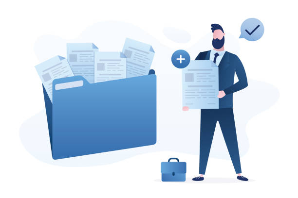 Male office worker adds file to big folder. Storage and indexing of information. Businessman holds paper document. Database. vector art illustration