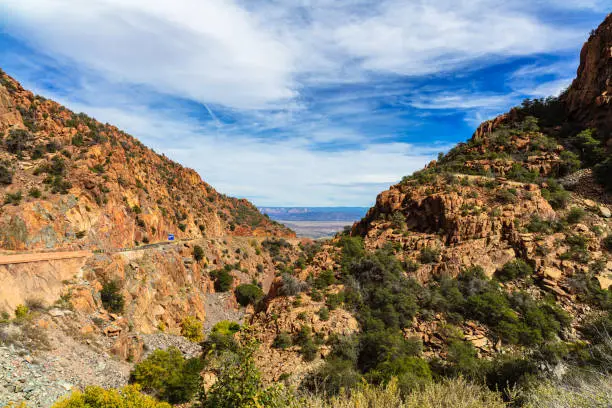 Scenic view of the mountain pass along Highway 89A near the city of Jerome in Arizona.