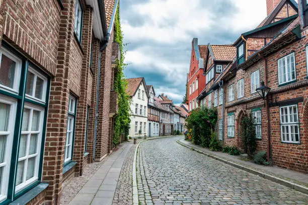Street with old medieval town houses in the old town of Lunenburg, Lower Saxony, Germany