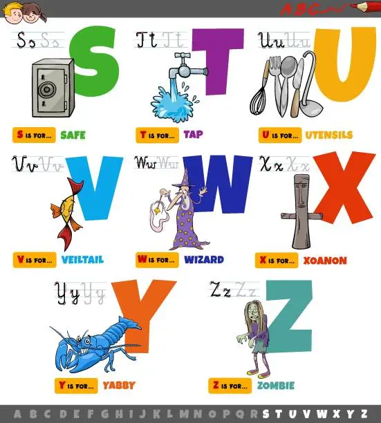 Vector illustration of educational cartoon alphabet letters for children set from S to Z