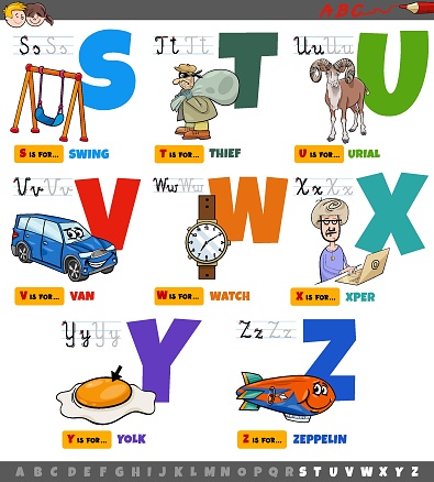 Cartoon illustration of capital letters alphabet educational set for reading and writing practice for elementary age kids from S to Z