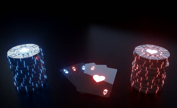 istock Casino Chips And Four Aces With Neon Lights - 3D Illustration 1325459852