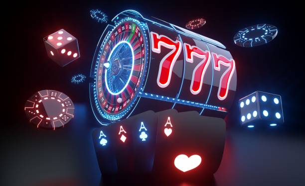 Casino Gambling Concept With Futuristic Neon Lights - 3D Illustration Slot Machine, Roulette Wheel, Chips, Dices And Four Aces With Modern Futuristic Red And Blue Neon Lights roulette photos stock pictures, royalty-free photos & images