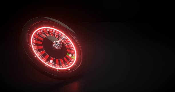 Roulette Wheel With Neon Lights - 3D Illustration Roulette Wheel With Modern Futuristic Glowing Red Neon Lights, Isolated on Black Background roulette photos stock pictures, royalty-free photos & images