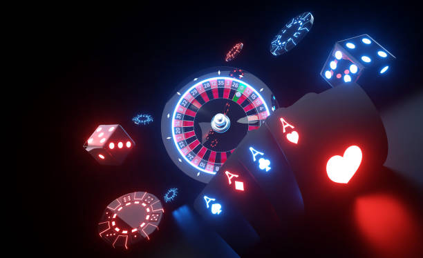 casino gambling concept with neon lights - 3d illustration - roulette roulette wheel gambling game of chance imagens e fotografias de stock