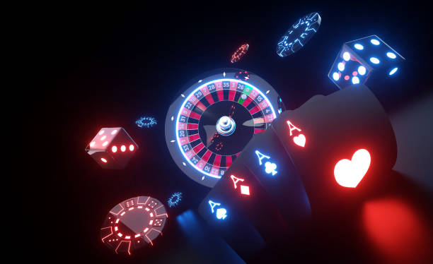 казино азартные игры концепция с неоновыми огнями - 3d иллюстрация - poker gambling chip gambling casino стоковые фото и изображения