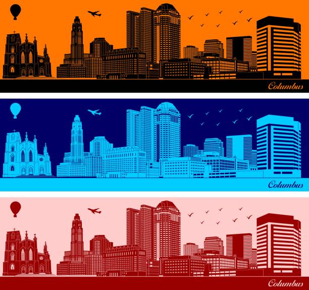 Columbus, Ohio Vector city skyline silhouette - illustration, 
Town in orange background, 
Columbus, Ohio columbus stock illustrations